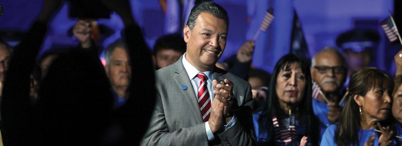 California’s Secretary of State Alex Padilla cheering with crowd